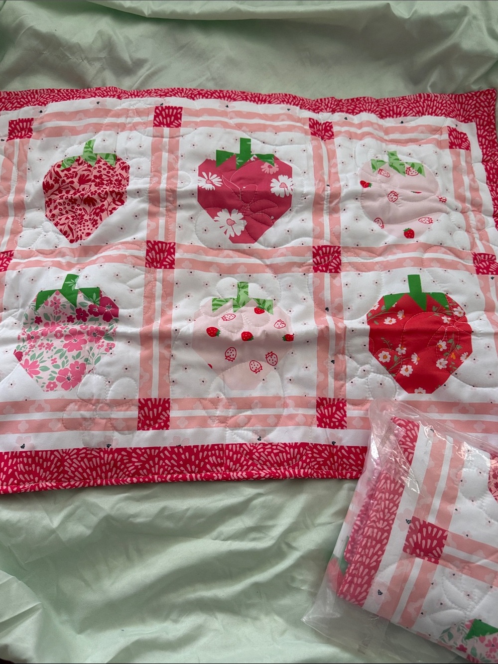 Two Handmade Strawberry Patchwork Baby Quilt - Pink & Red